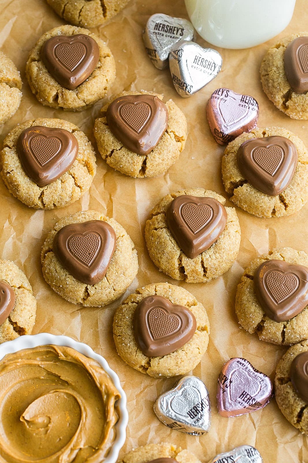 Peanut Butter Heart Cookies on parchment paper.