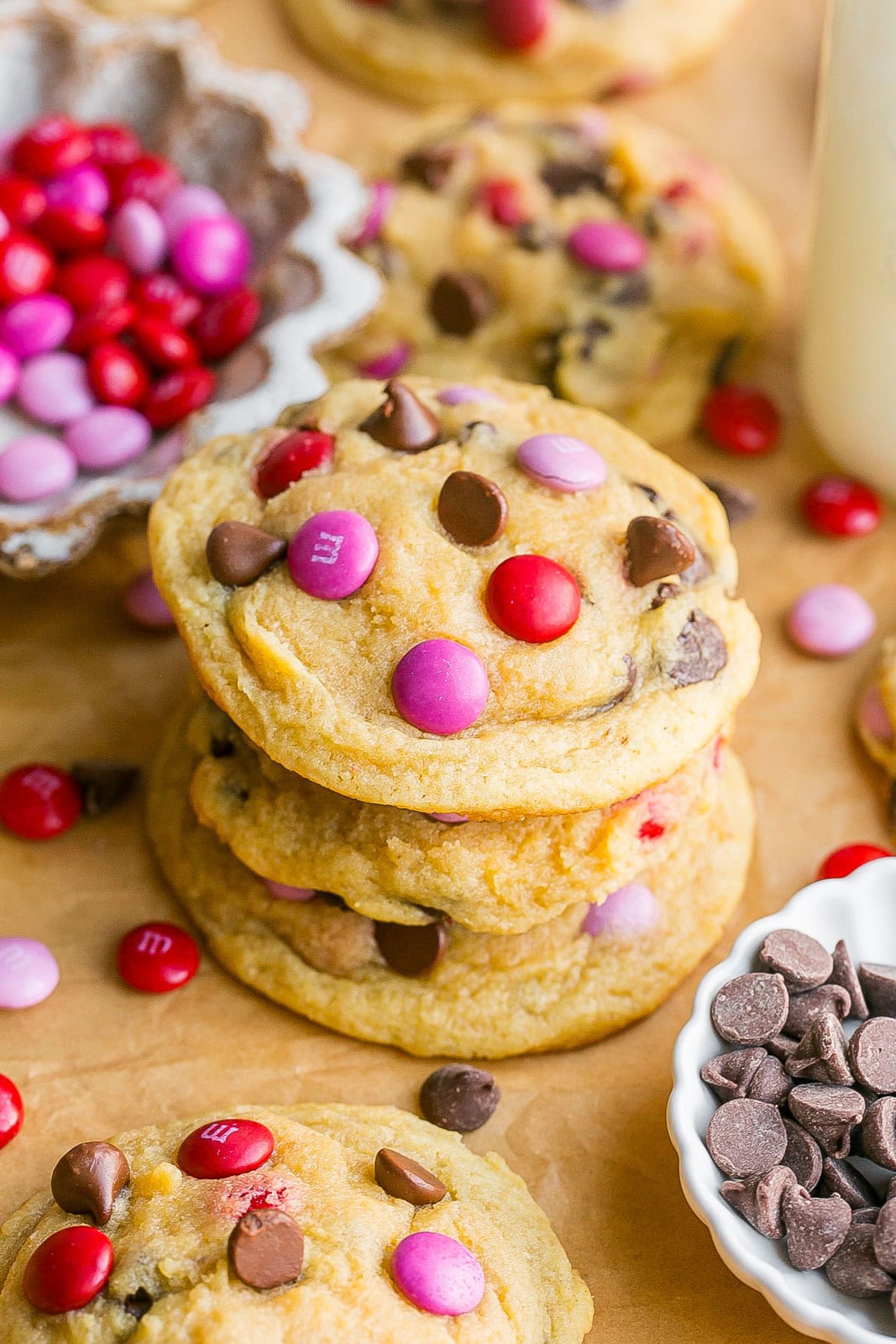 Stack of Valentine M&M Cookies.