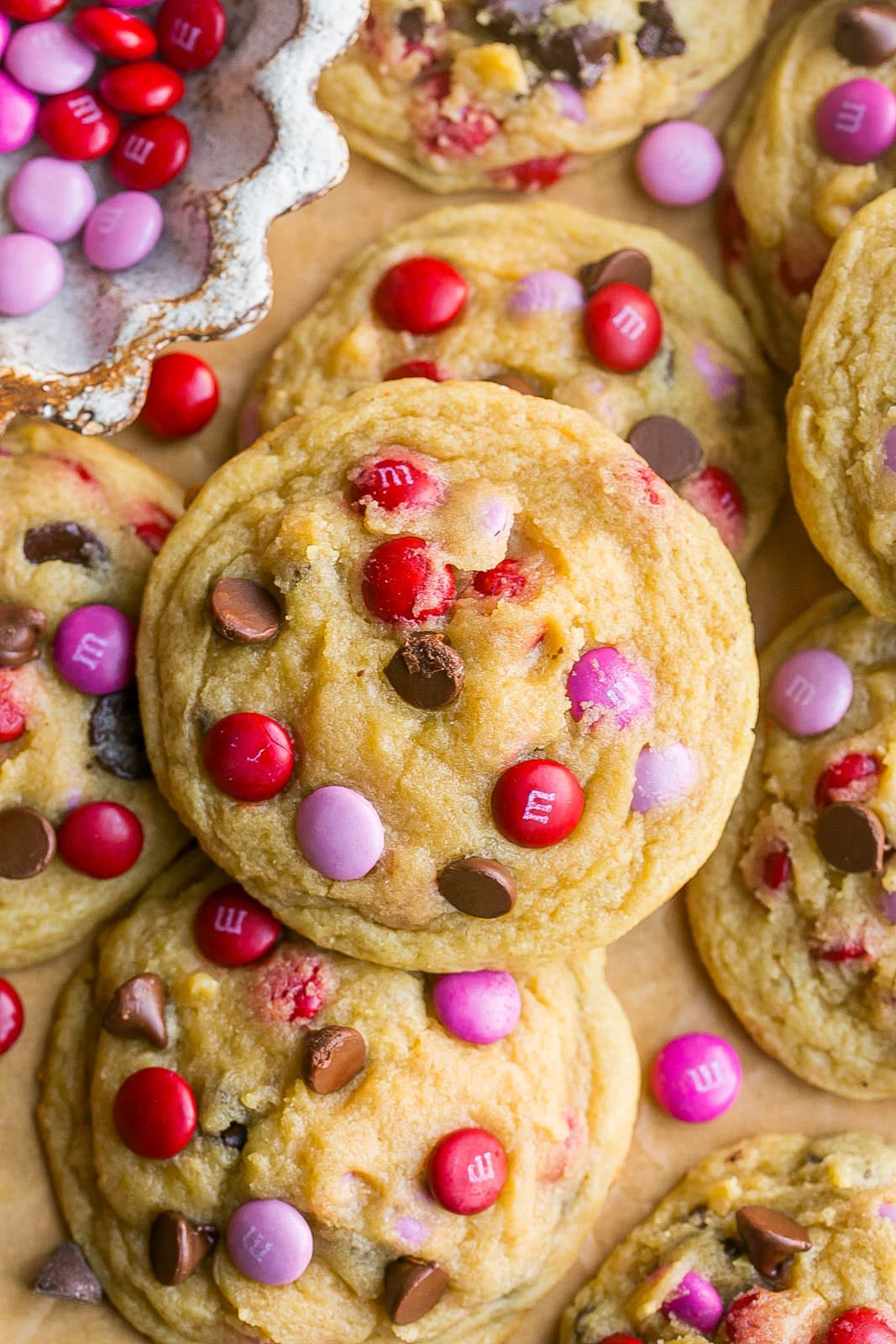 Top view of chewy valentine cookies.