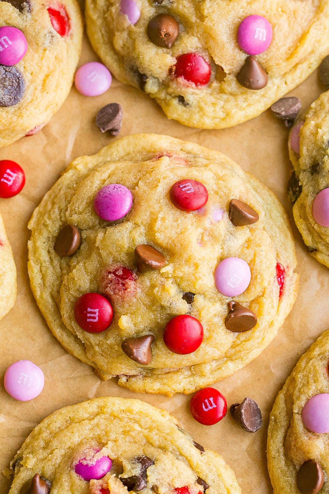 Close up view of bakery-style Valentine M&M Cookie.