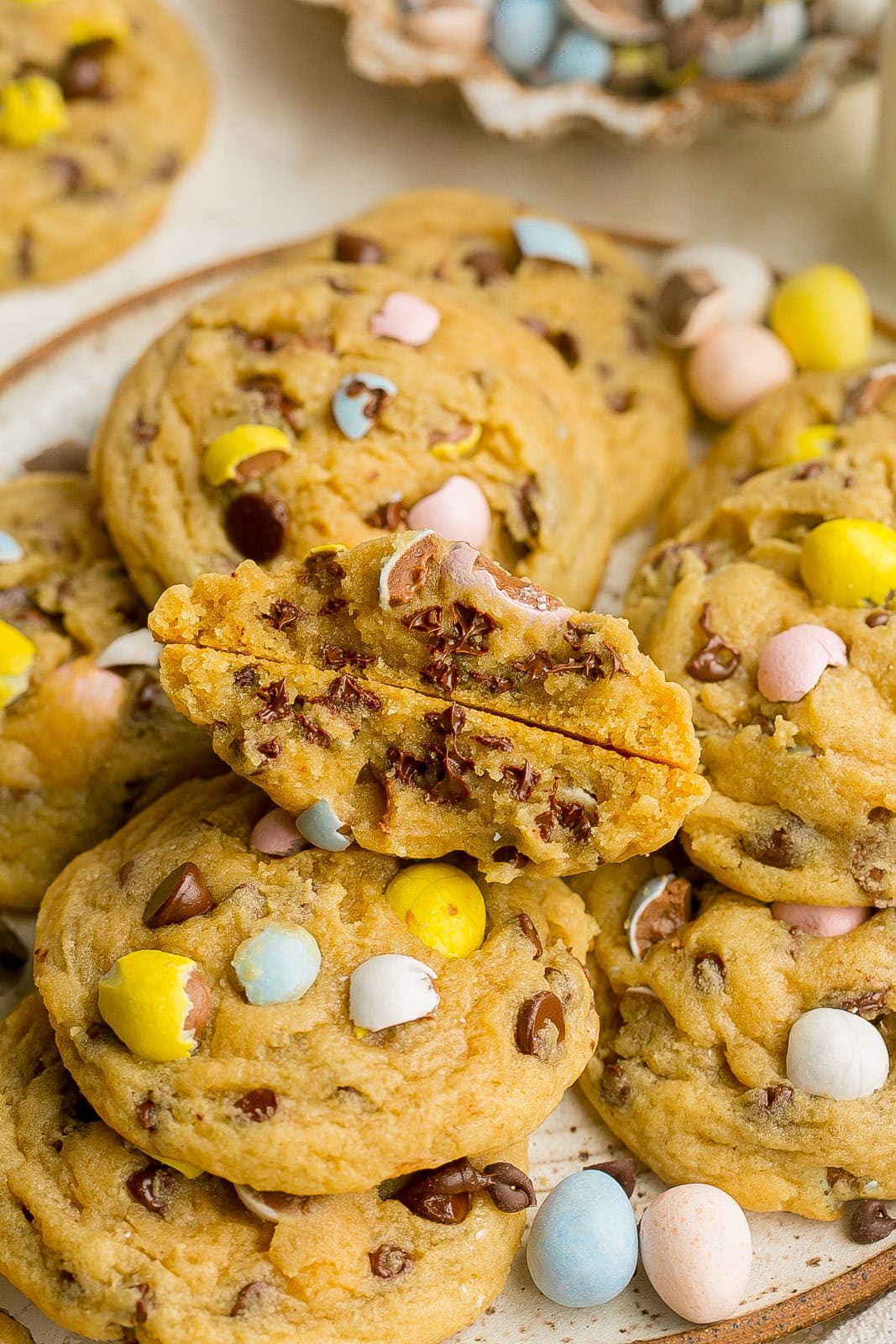 Bakery-style Easter cookies cut in half with melty chocolate chips.