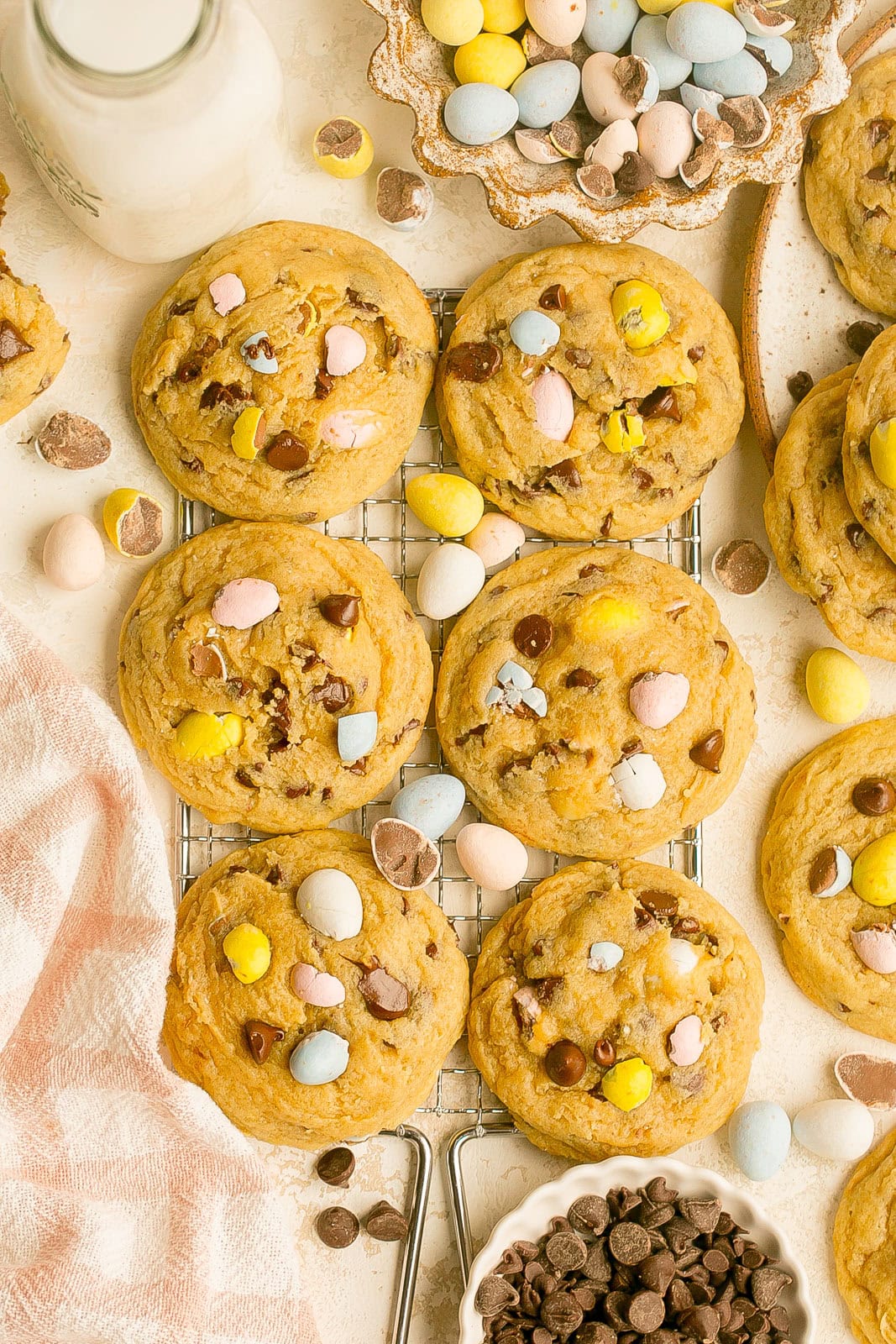 Cadbury Mini Egg cookies on a cooling rack.