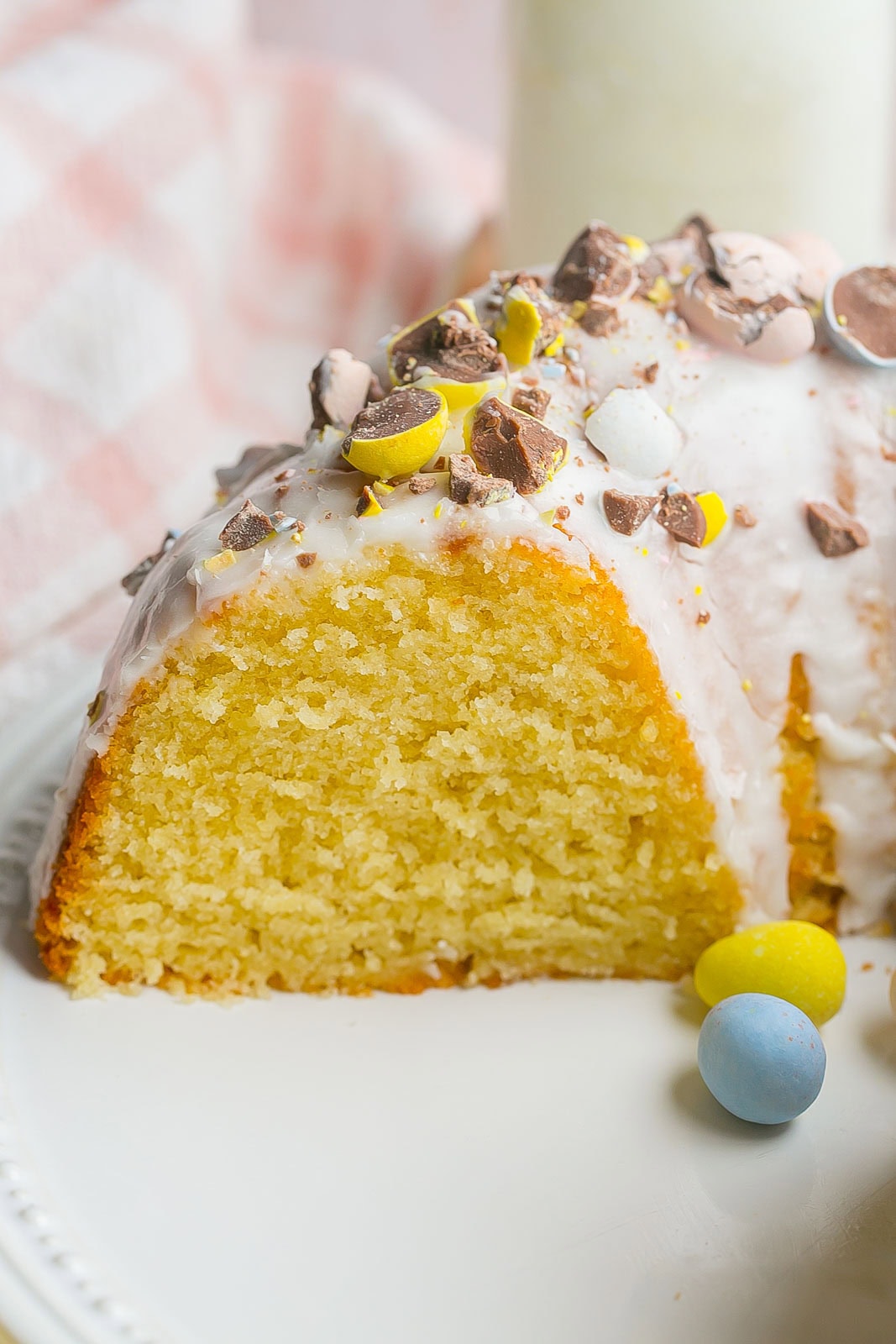 Inside of a moist iced buttermilk bundt cake.