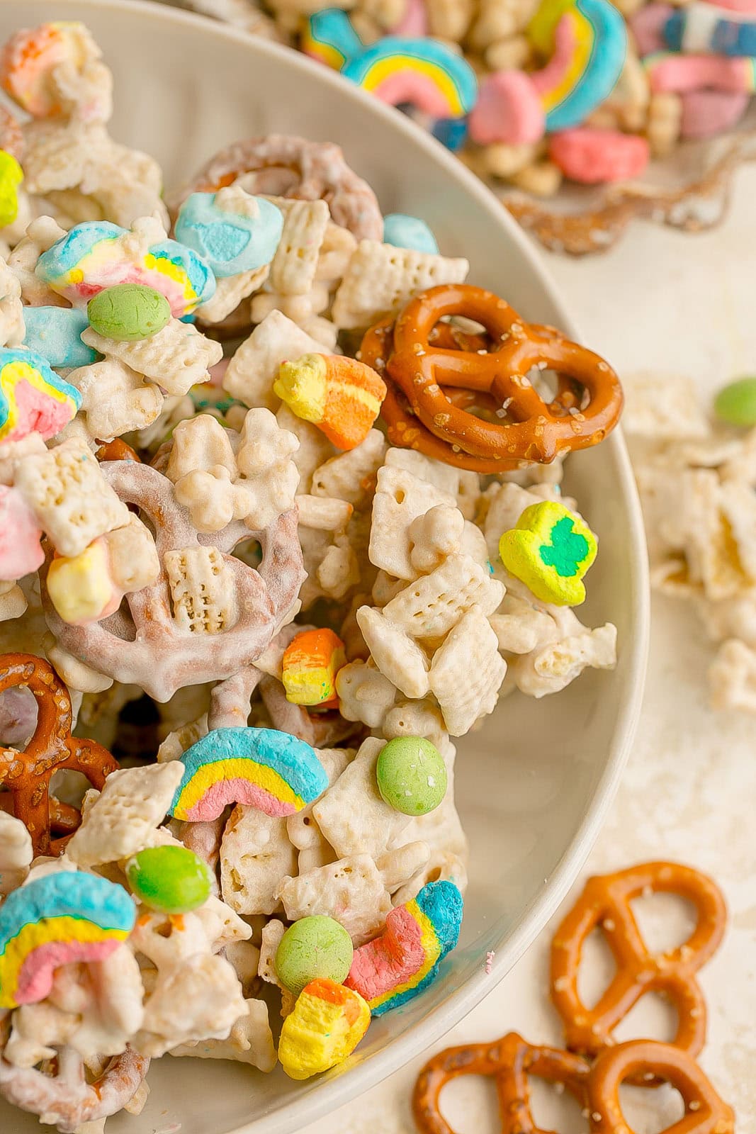 Side view of Lucky Charms Chex mix.
