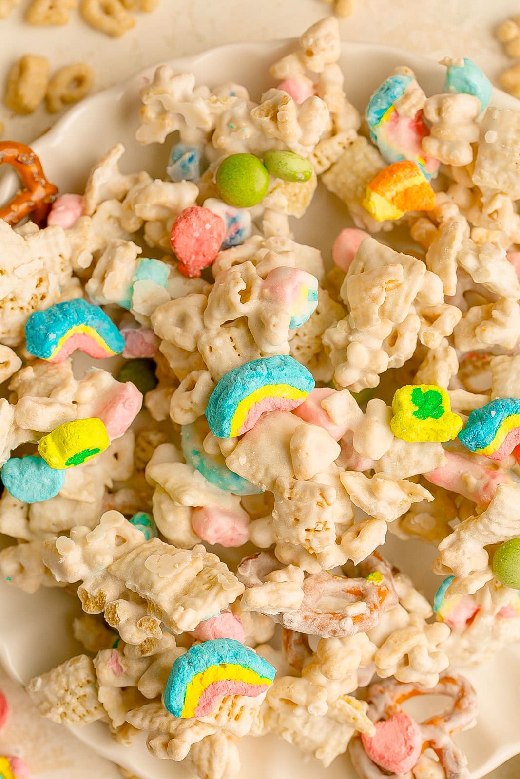Close up of easy snack mix recipe (St. Patrick's Day inspired).