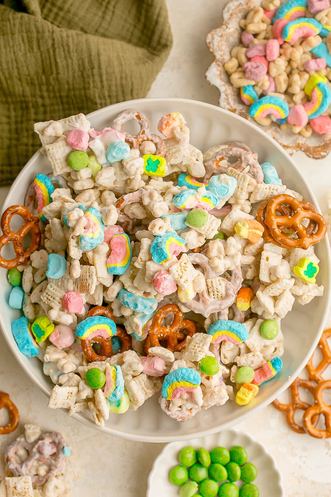 Lucky Charms Snack Mix in a white bowl.