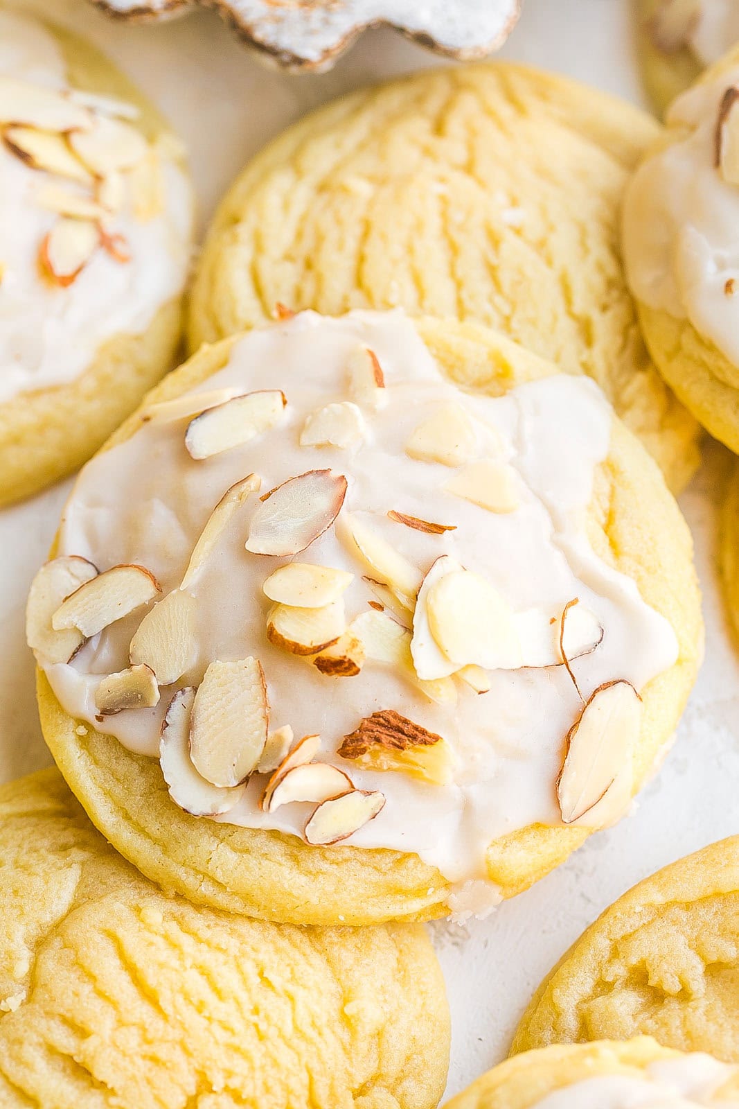 Close up of sugar cookies with almond extract.