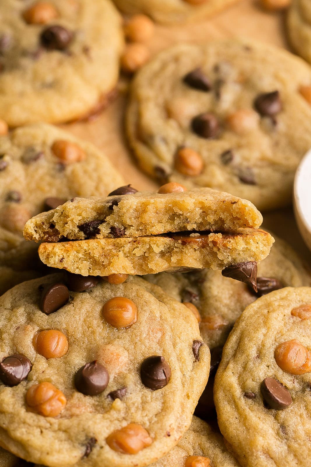 The inside of soft chocolate chip cookies with caramel.