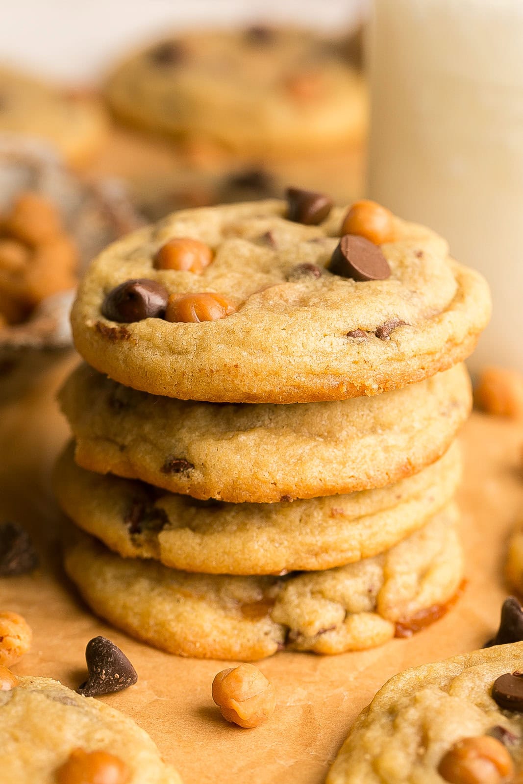 A beautiful stack of Chocolate Chip Cookies with caramel bits.