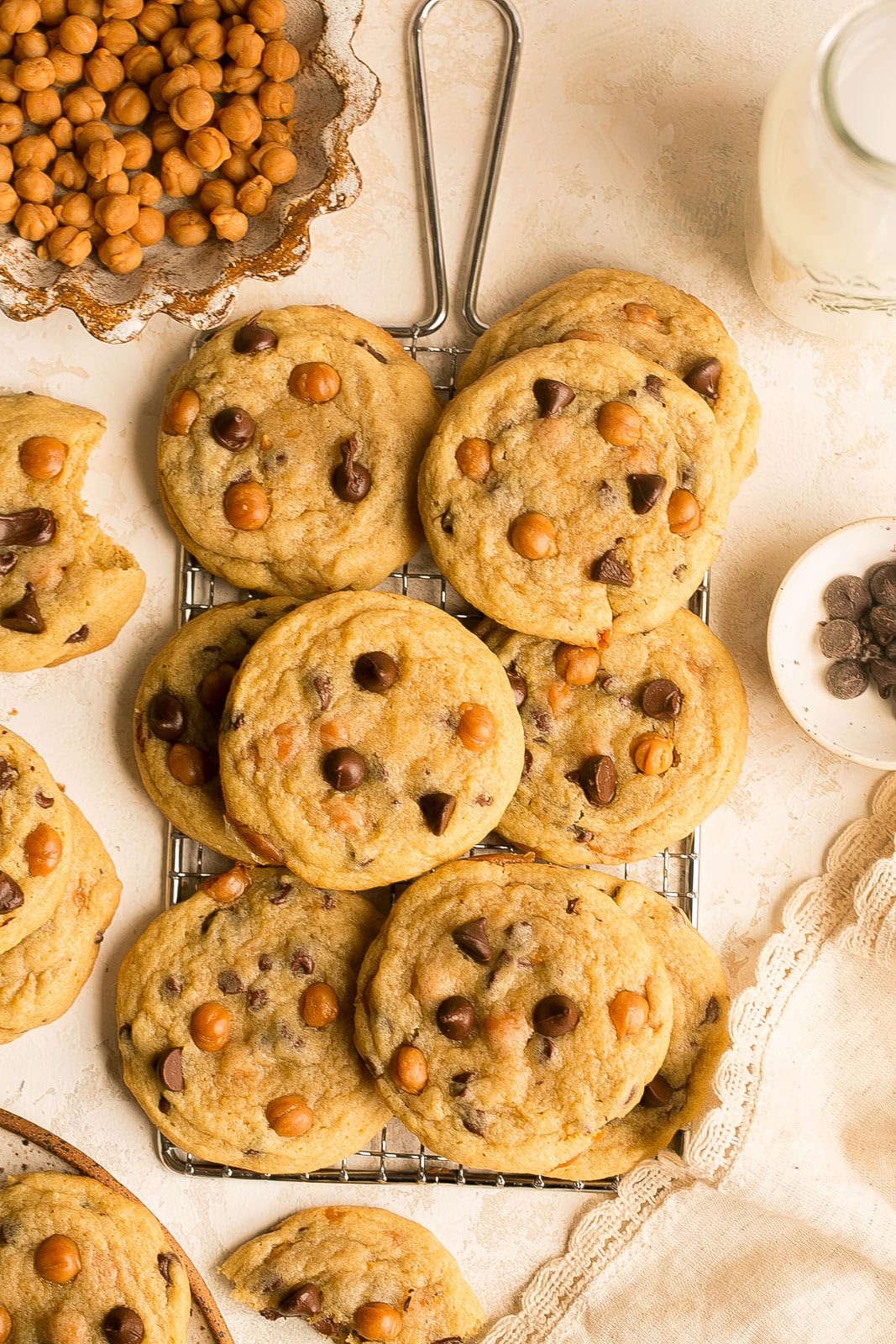 Caramel Chocolate Chip Cookies on a cooling rack.