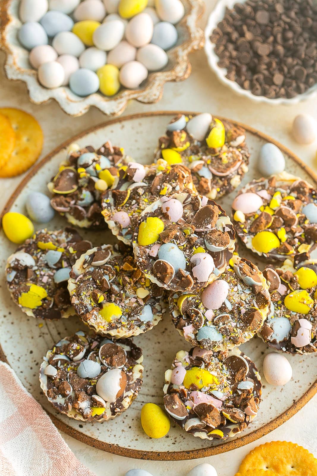Plate full of Ritz Cracker Toffee Cookies.