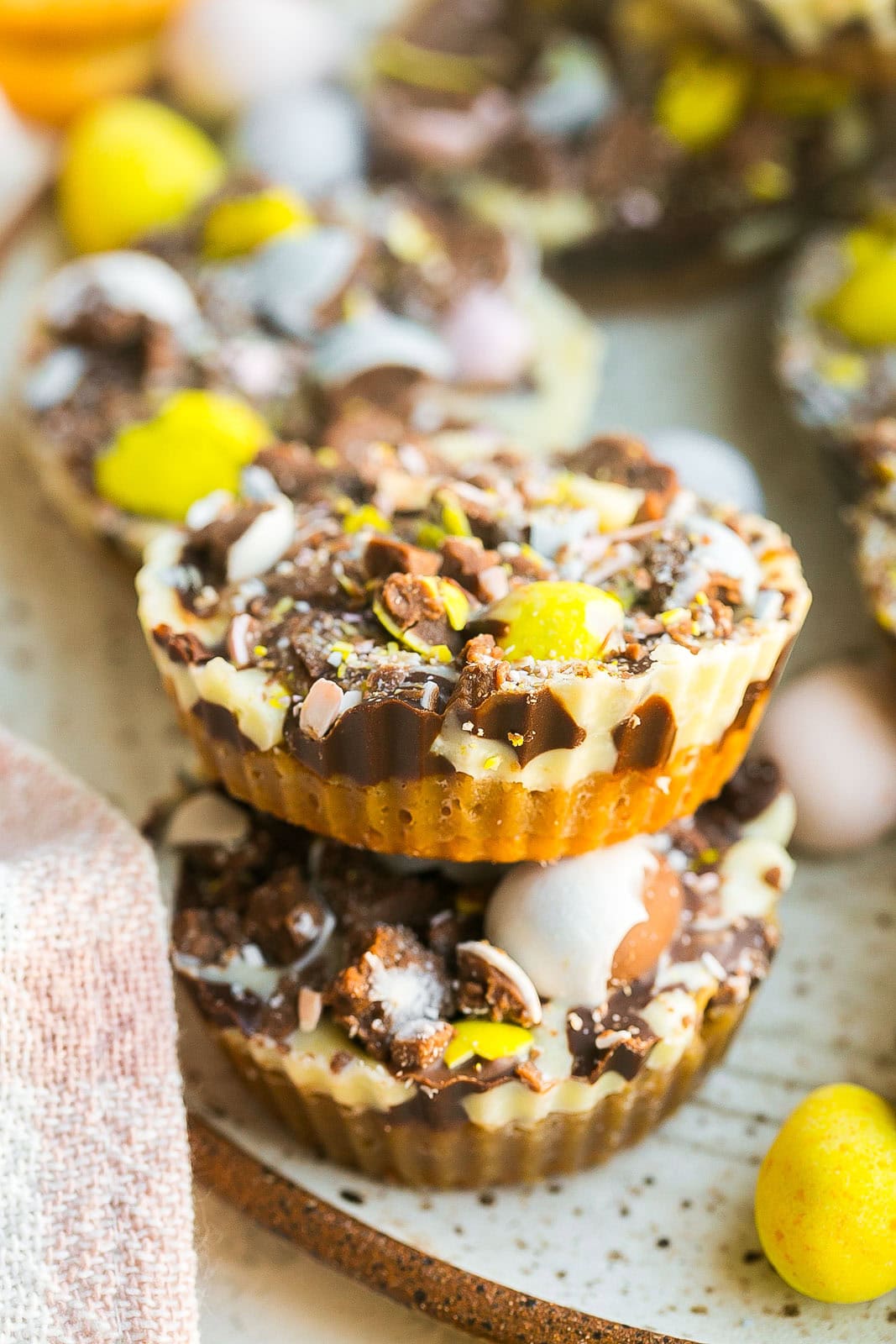Stack of Ritz Cracker Cookies with Cadbury Eggs.