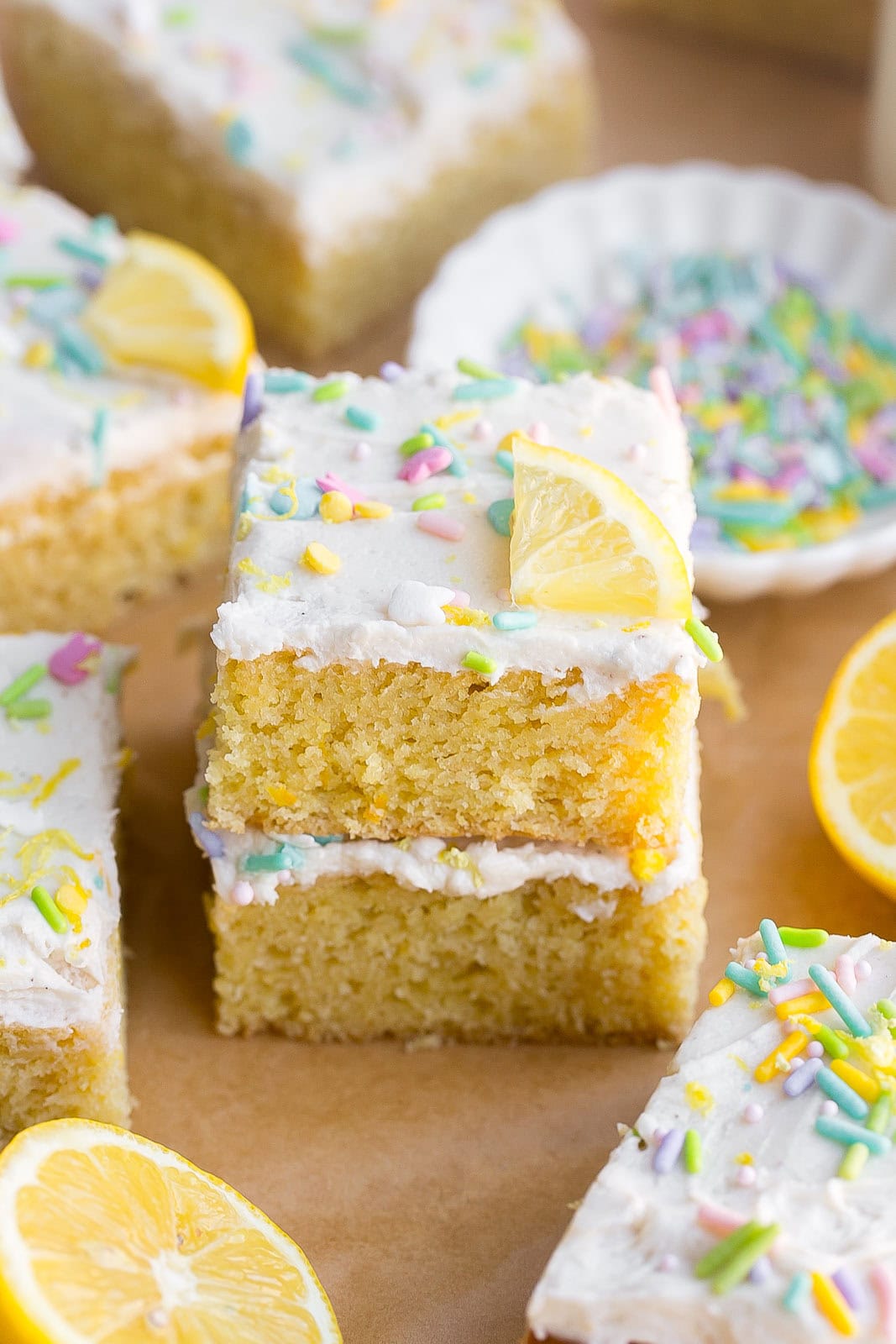 Stack of Lemon Dessert Bars with frosting.