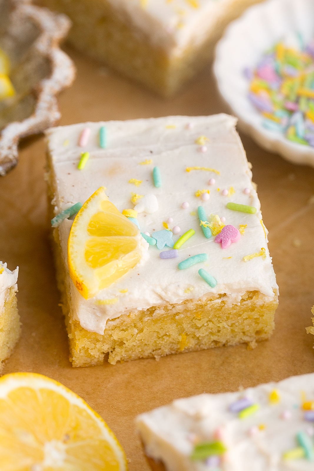 A piece of Sugar Cookie Bar with Lemon.
