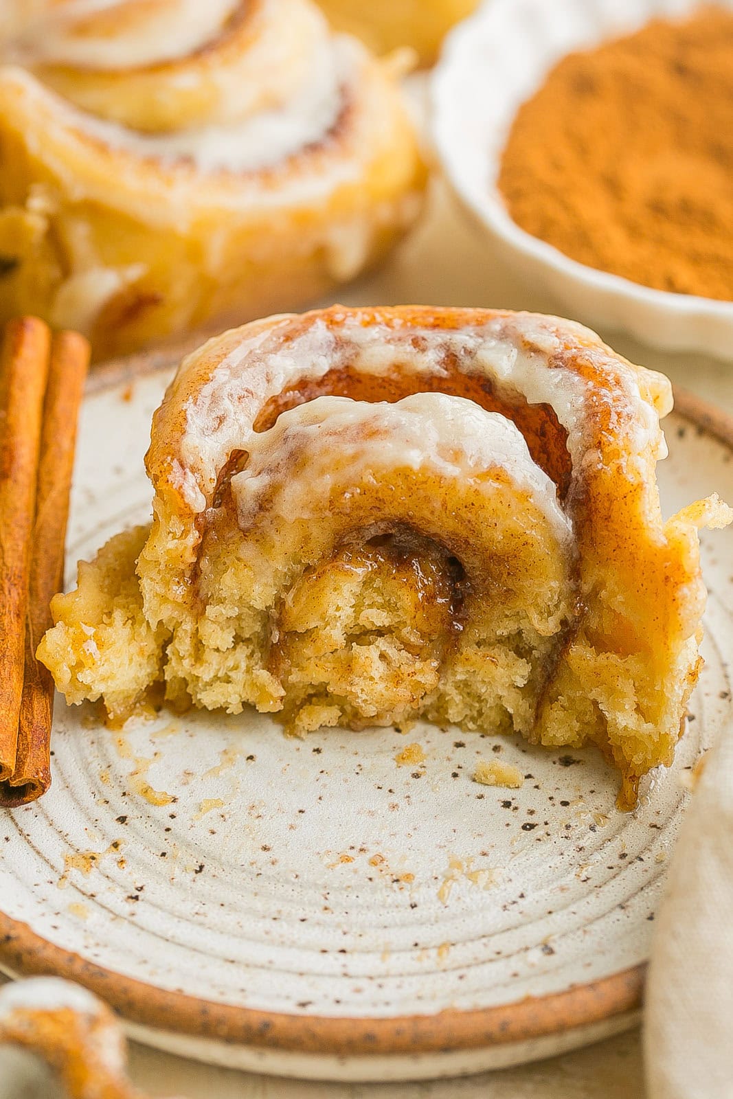Fluffy cinnamon roll on a plate.