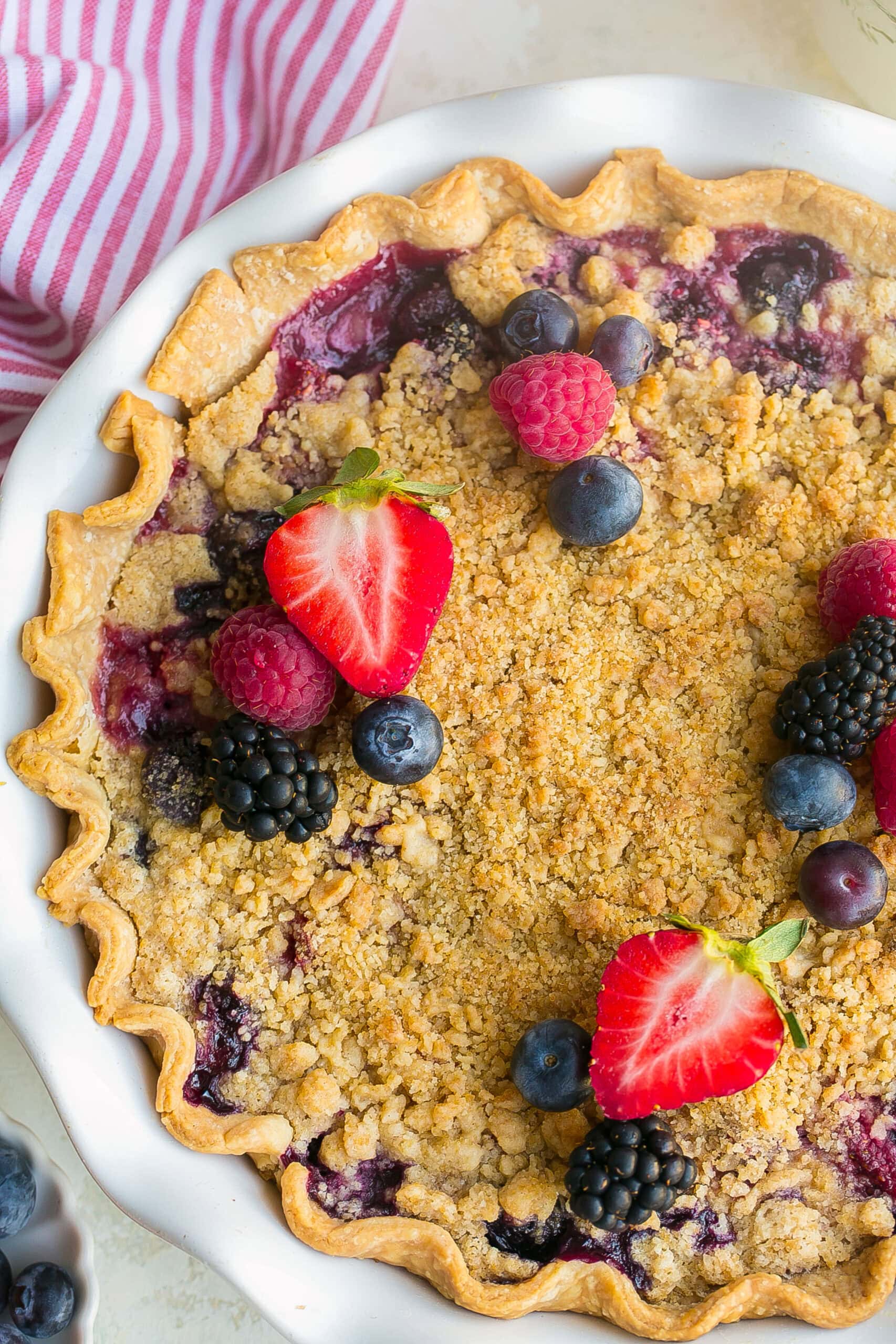 Close up of easy Berry Crumble Pie cooling.