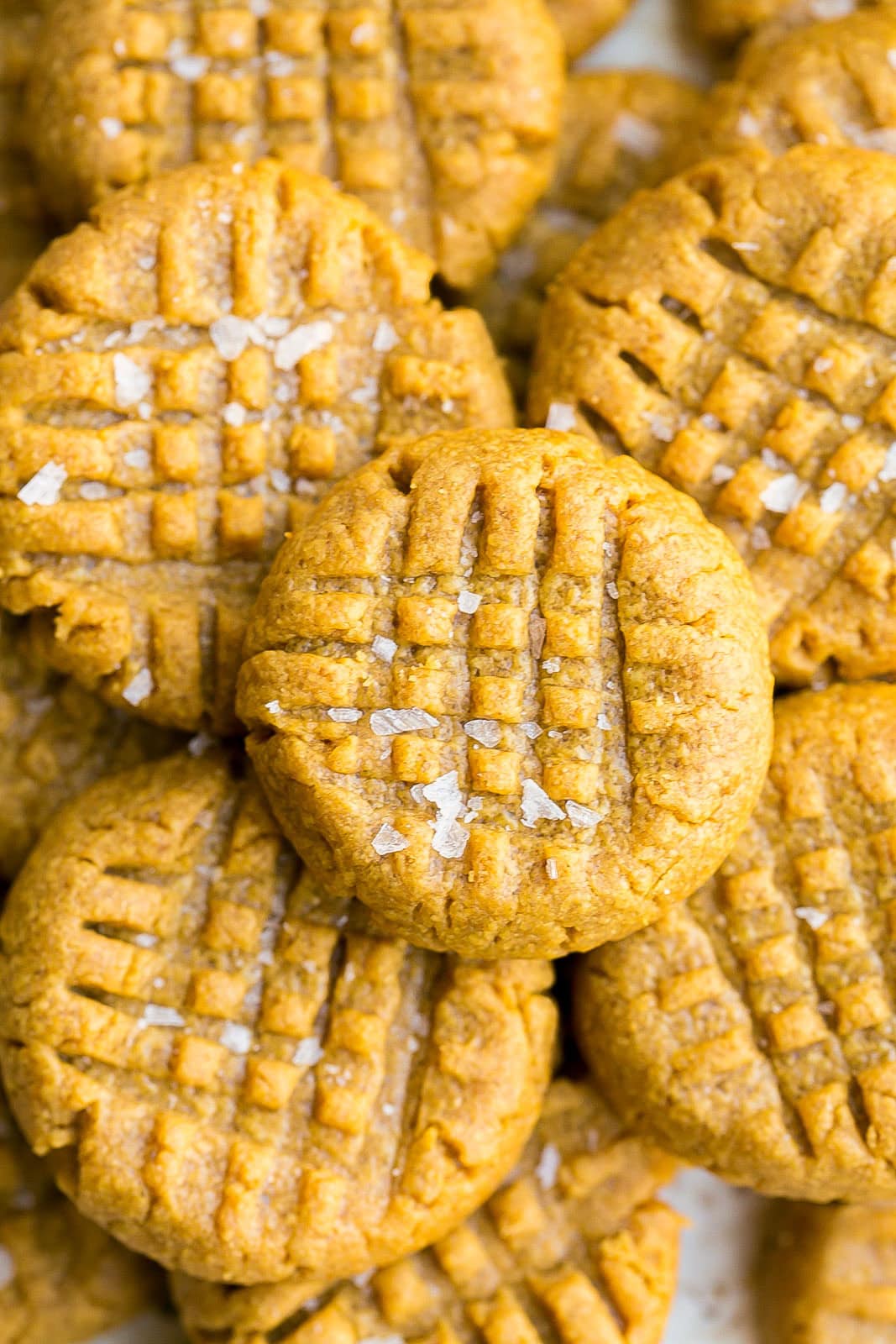 Close up of 3 Ingredient Peanut Butter Cookies with flaky sea salt.