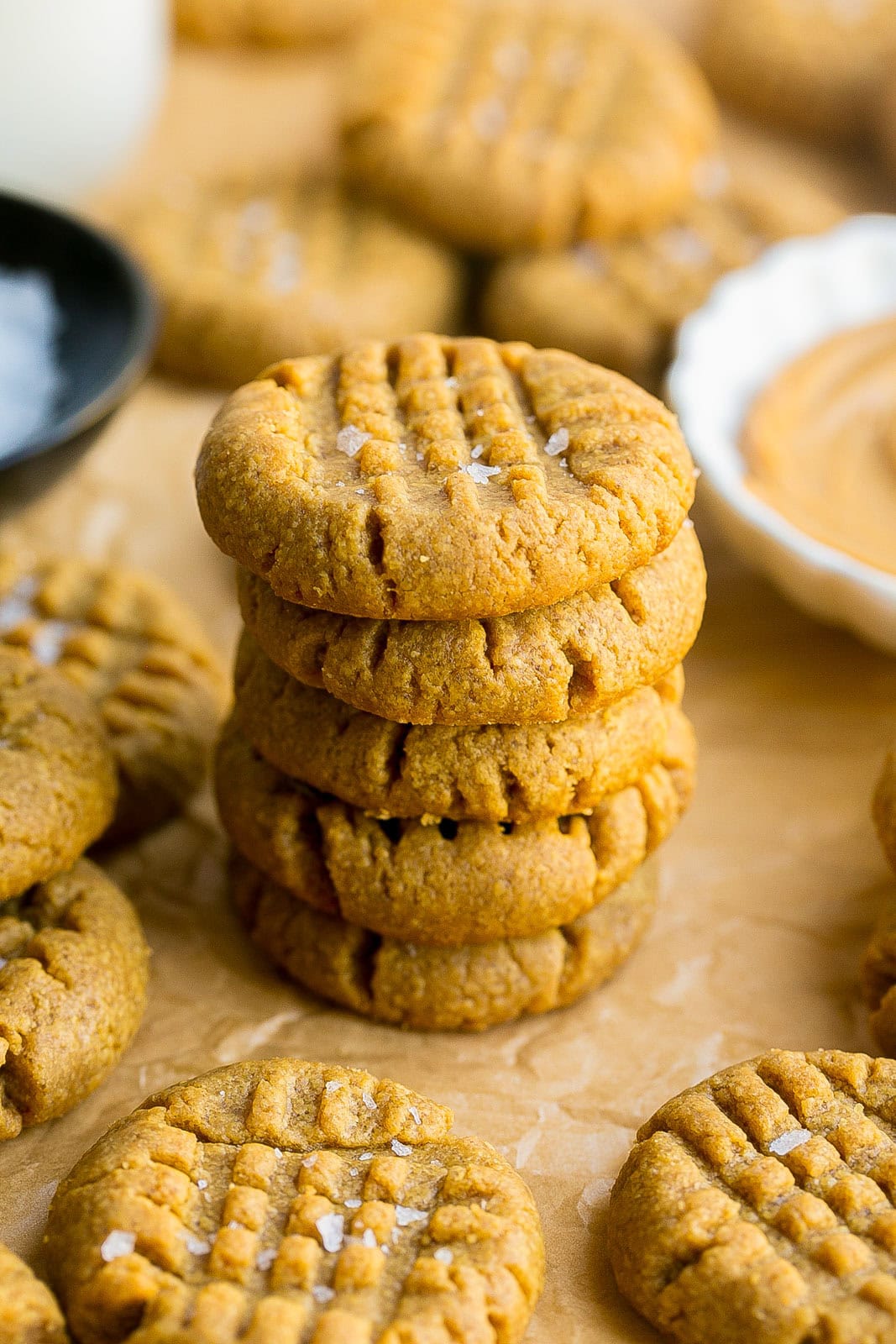 Stack of gluten-free, flourless peanut butter cookies.