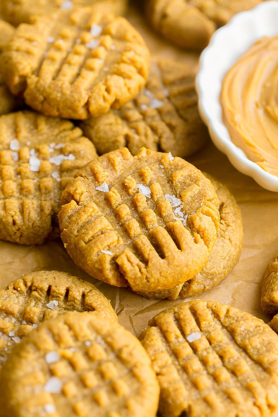 Flourless Peanut Butter Cookies Close up of soft peanut butter cookies without flour.