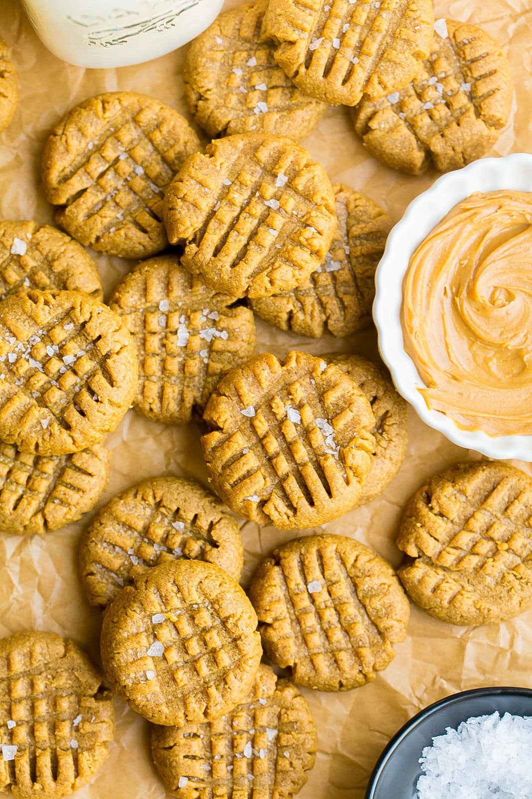 Chewy flourless peanut butter cookies with fork marks.
