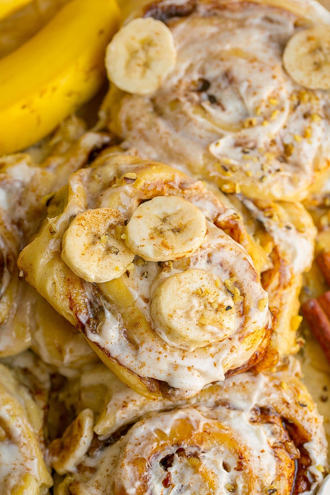 Close up of Cinnamon Roll with bananas.