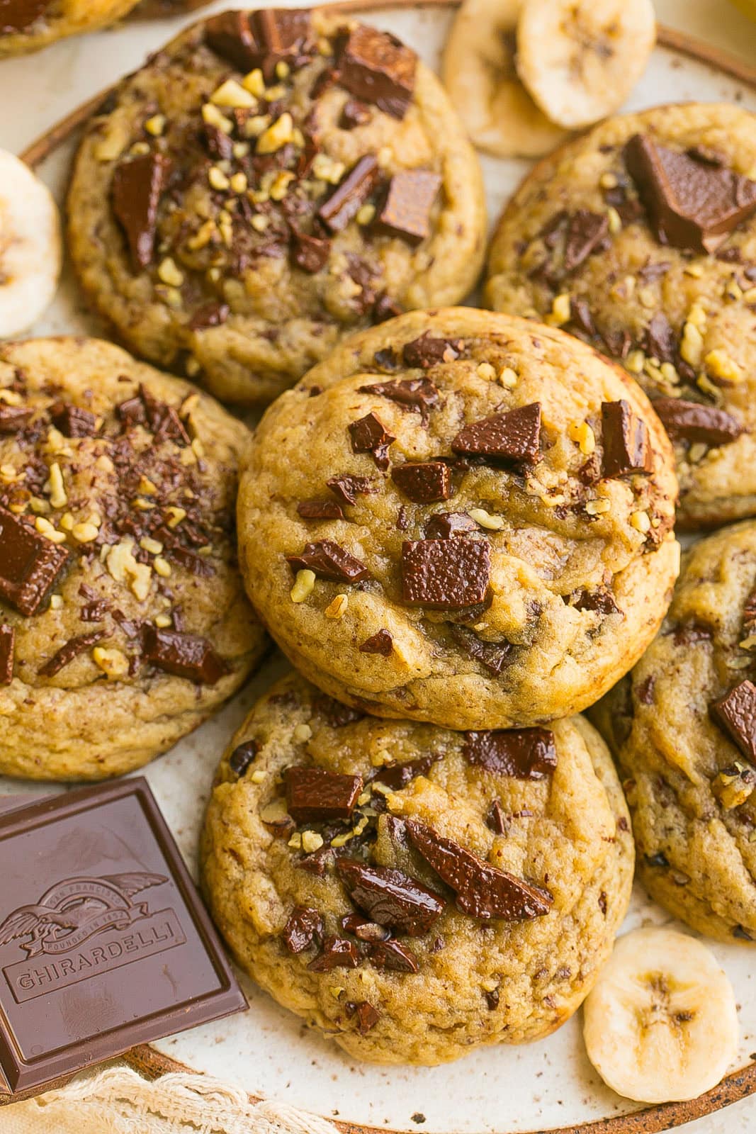 Soft and chewy Banana Bread Chocolate Chip Cookies fresh from the oven with gooey chocolate chunks.