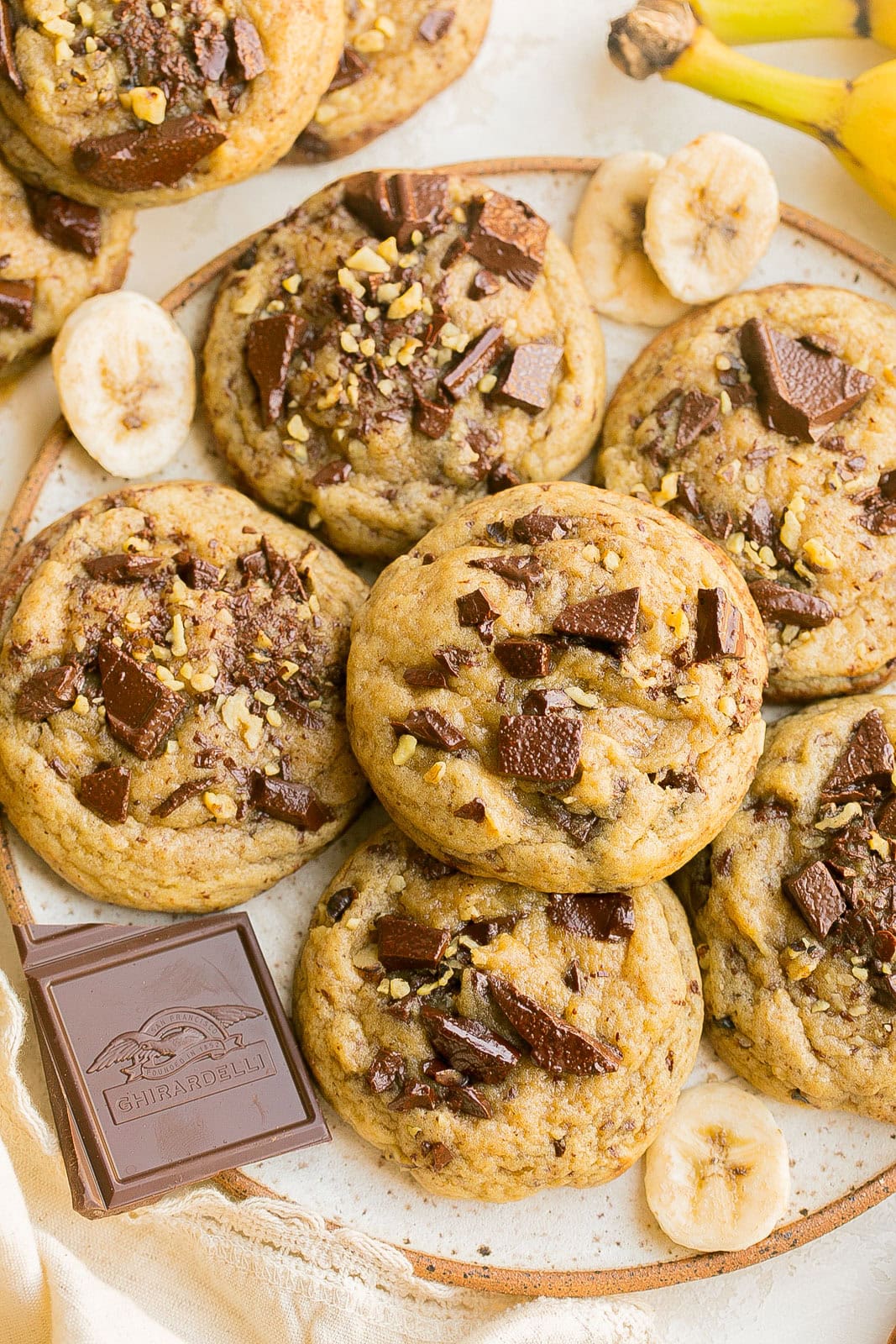 A plate full of Banana Chocolate Chip Cookies.