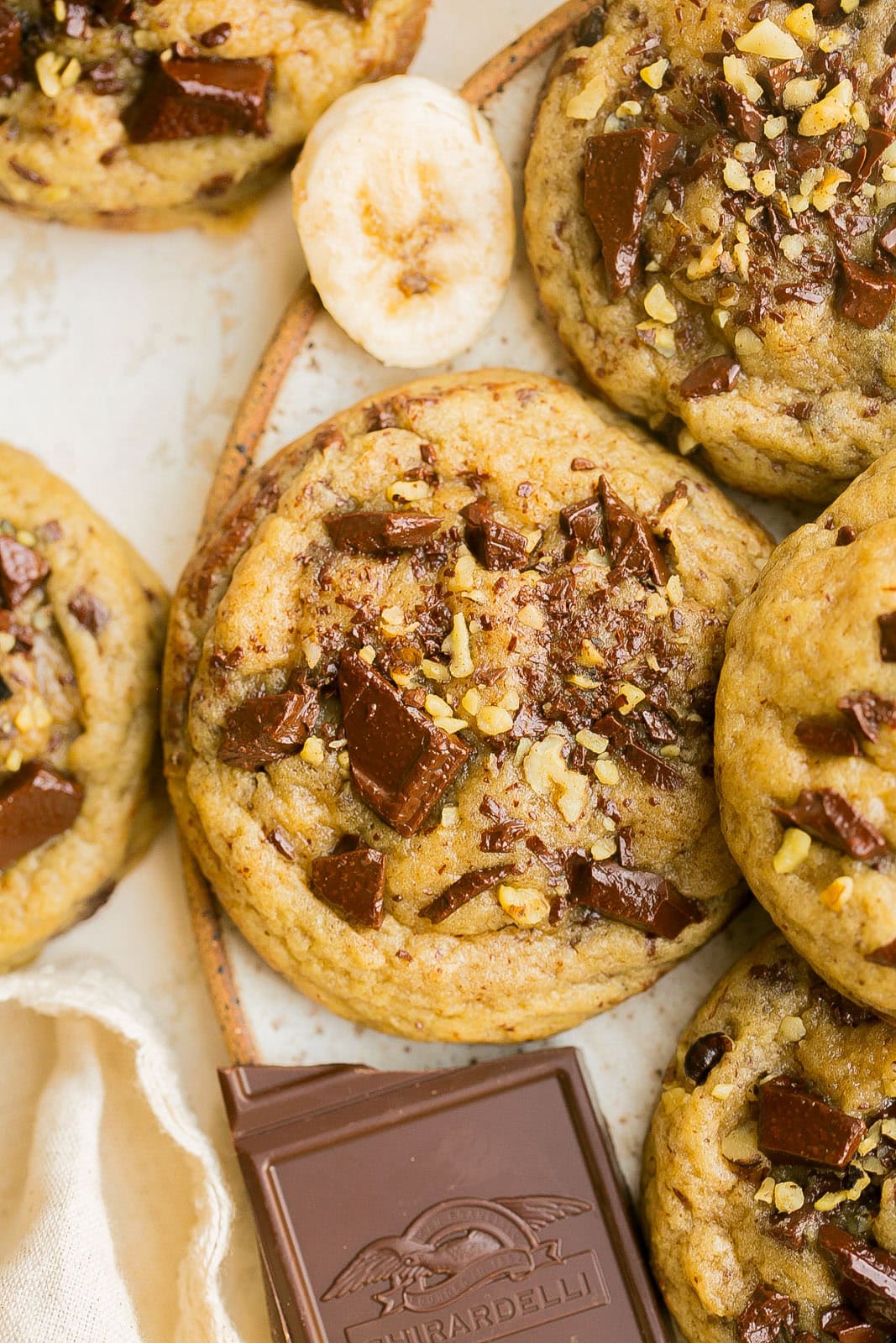 Close up view of chocolate chip cookies with banana.
