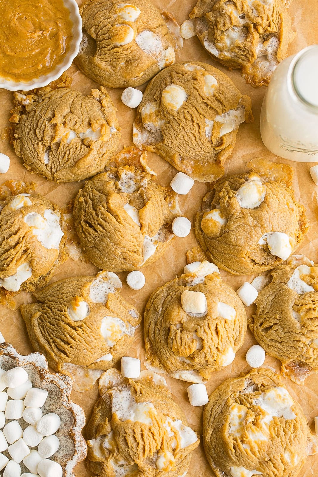 Bakery-style Peanut Butter Marshmallow Cookies loaded with mini marshmallows.