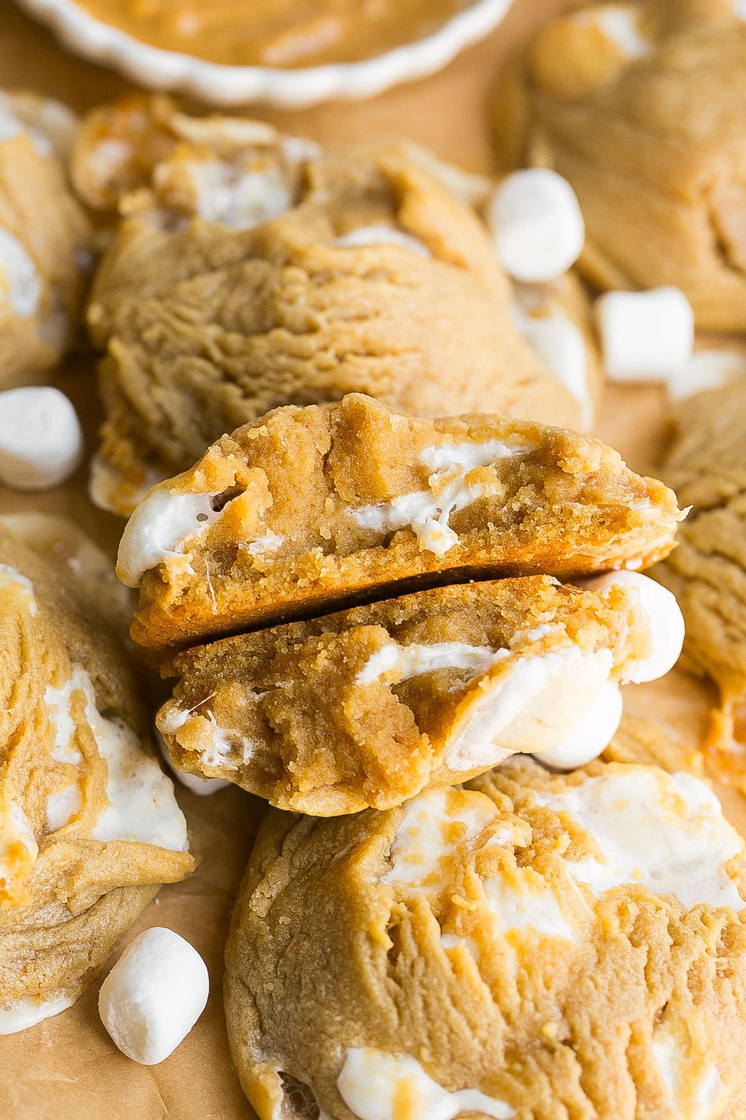 Peanut Butter Marshmallow Cookie cut in half with crisp edges and soft chewy centers.