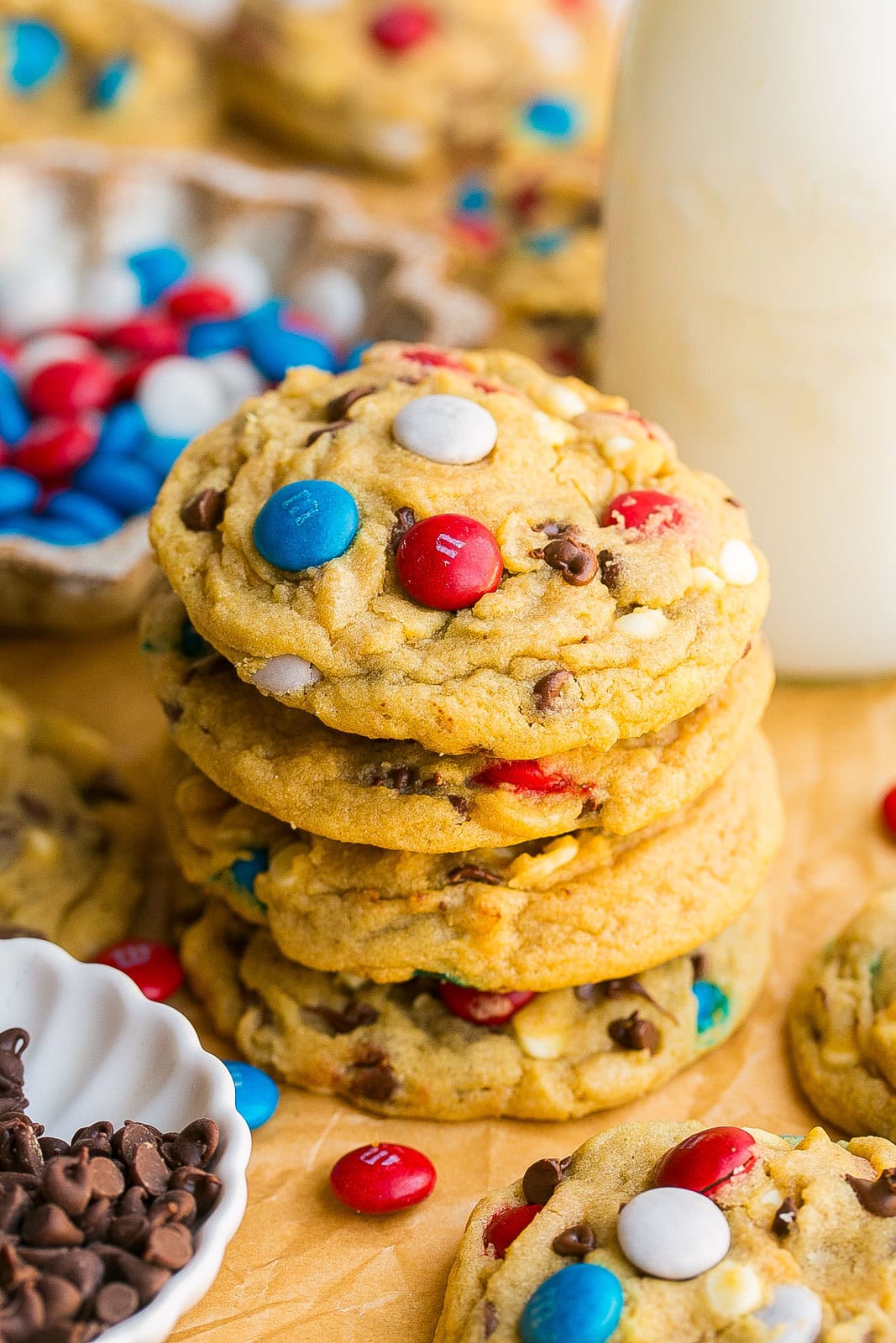 A stack of M&M Cookies for the 4th of July.