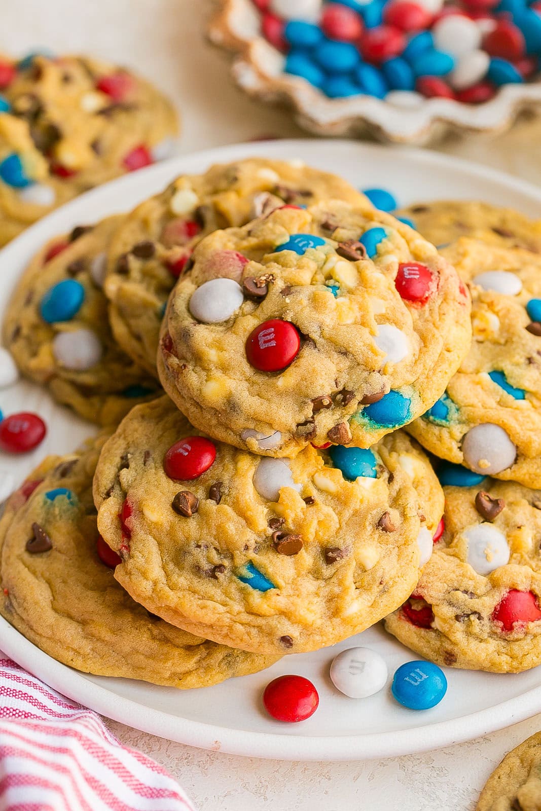 Bakery-style patriotic cookies loaded with chocolate chips and colorful candies.