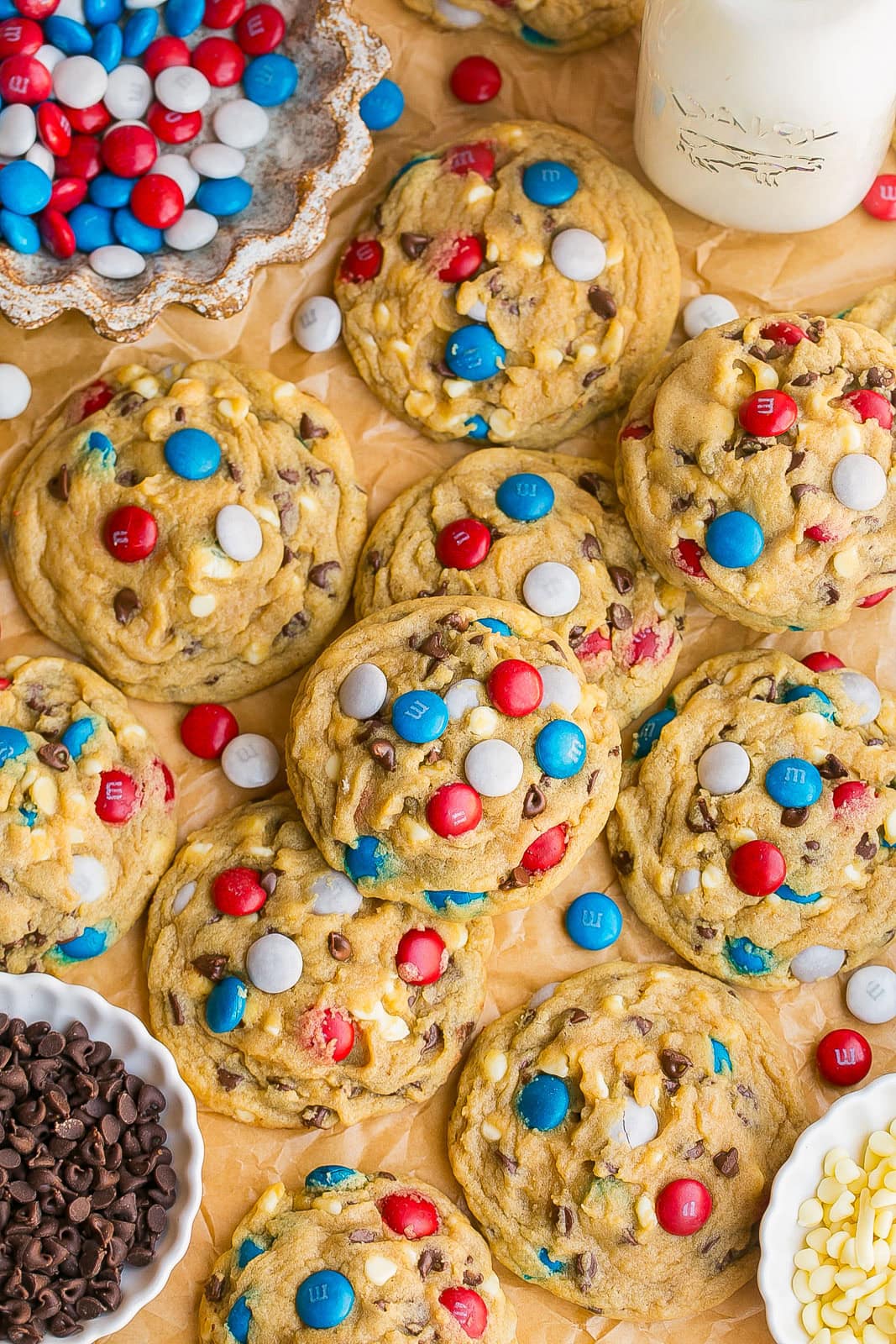 Thick and chewy 4th of July Chocolate Chip Cookies with patriotic candies and chocolate chips.