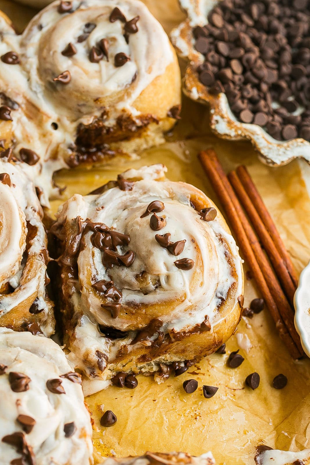 Homemade fluffy Chocolate Chip Cinnamon Rolls for breakfast.