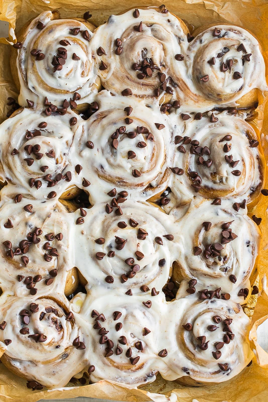 Homemade fluffy Chocolate Chip Cinnamon Rolls for breakfast, brunch or dessert.