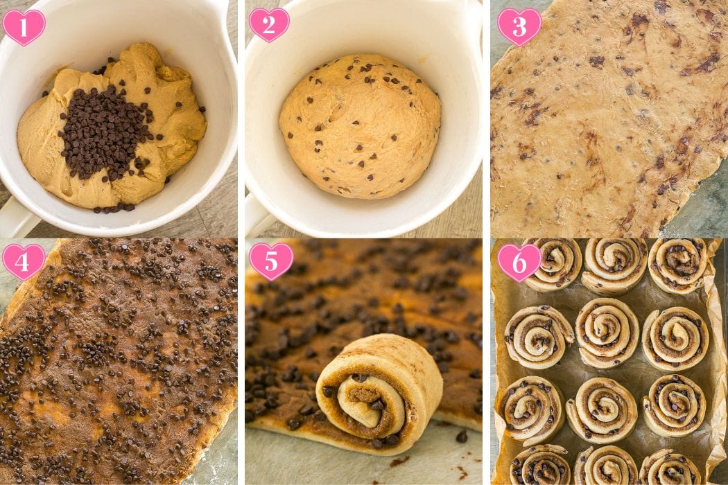 How to make chocolate chip cinnamon rolls, step by step.