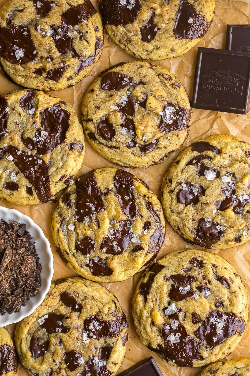 Freshly baked dark chocolate cookies with sea salt.