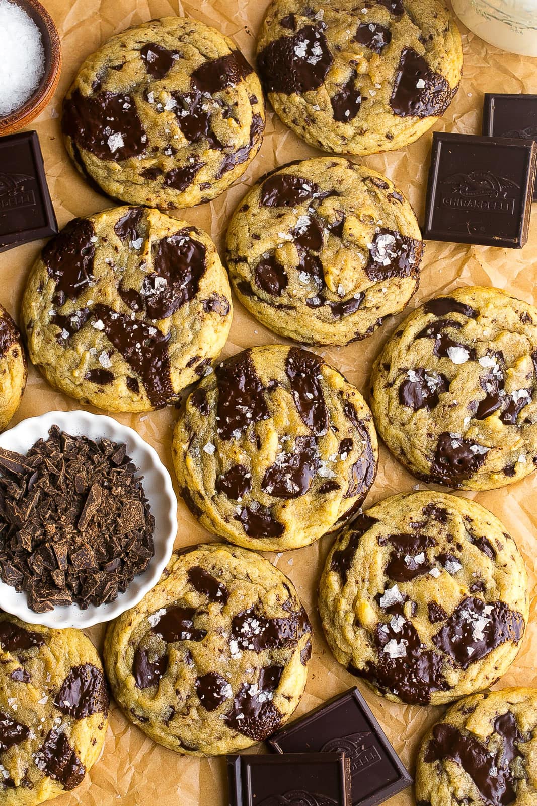 Soft and chewy homemade dark chocolate chip cookies.