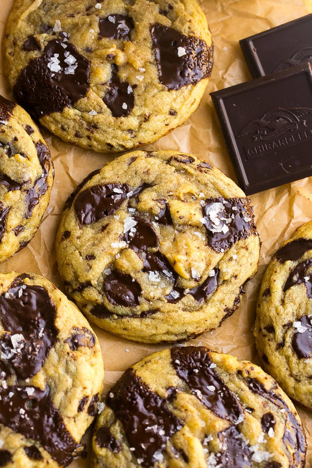 Freshly baked dark chocolate cookies with sea salt.