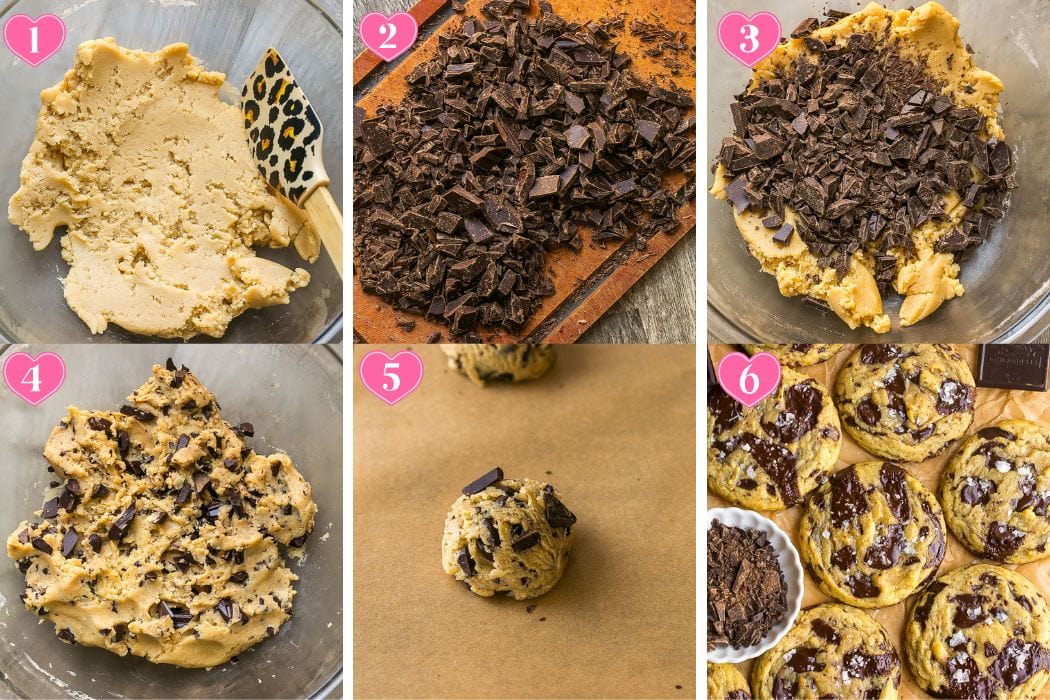How to make dark chocolate chunk cookies, step by step.