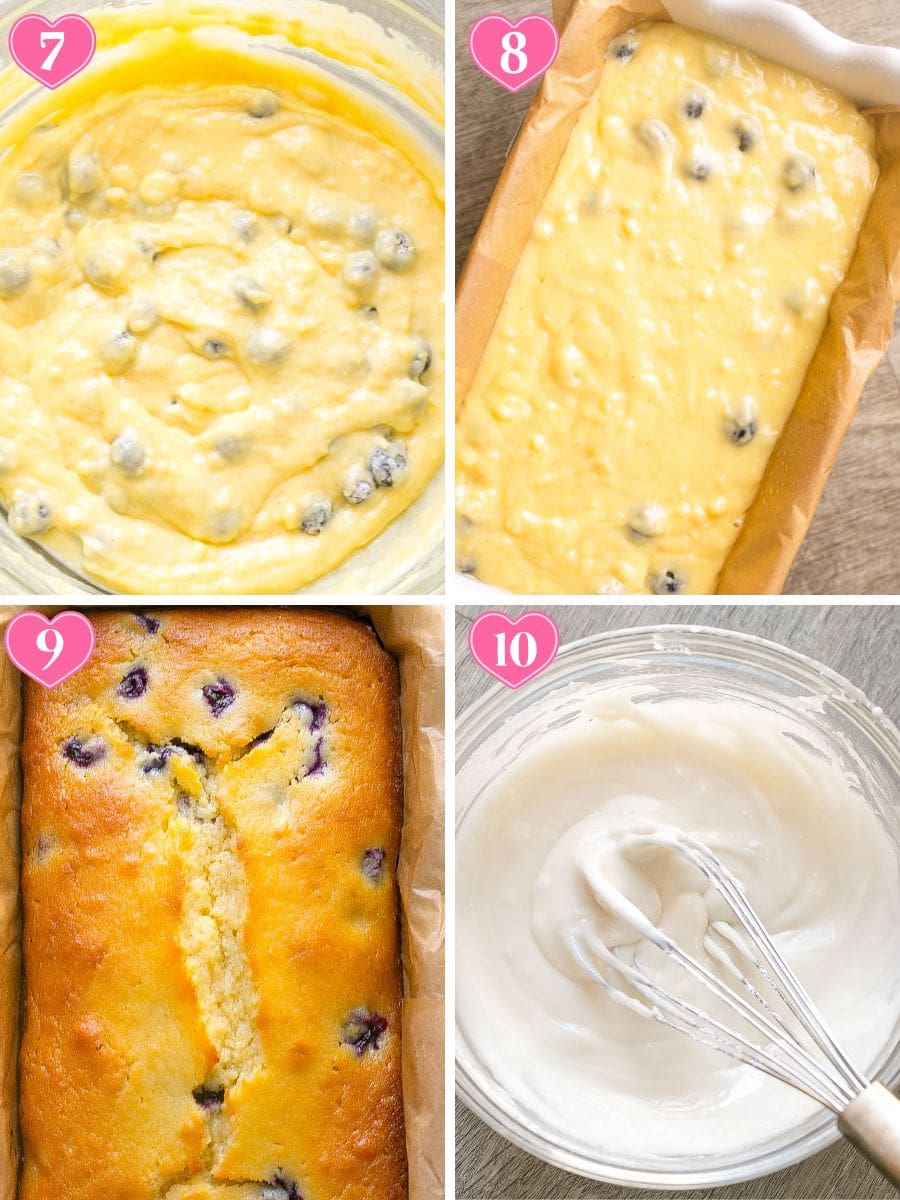 Process shots on how to make Lemon Loaf with bluebreries.