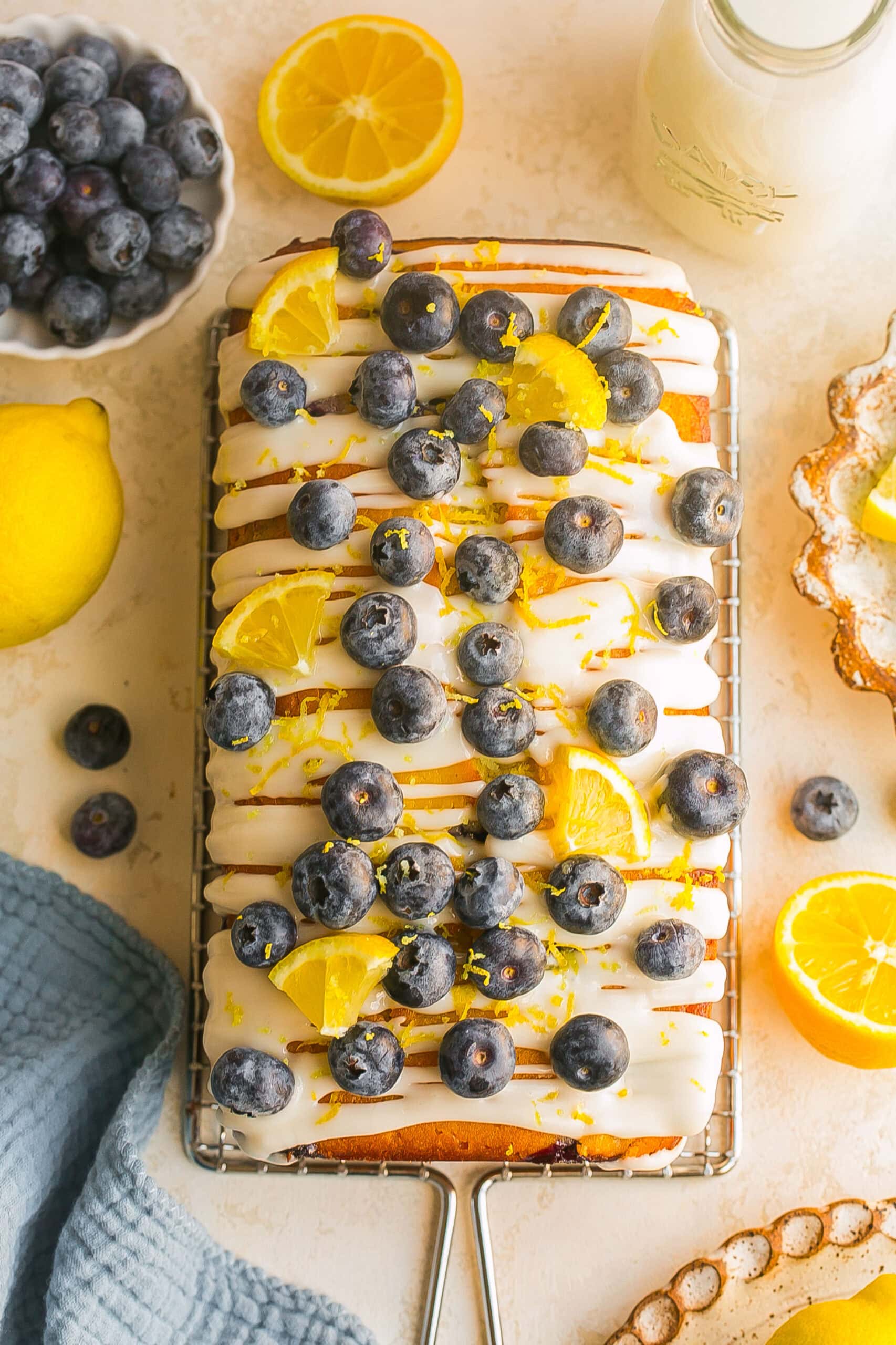 Birds eye view of a Lemon Loaf with blueberries.