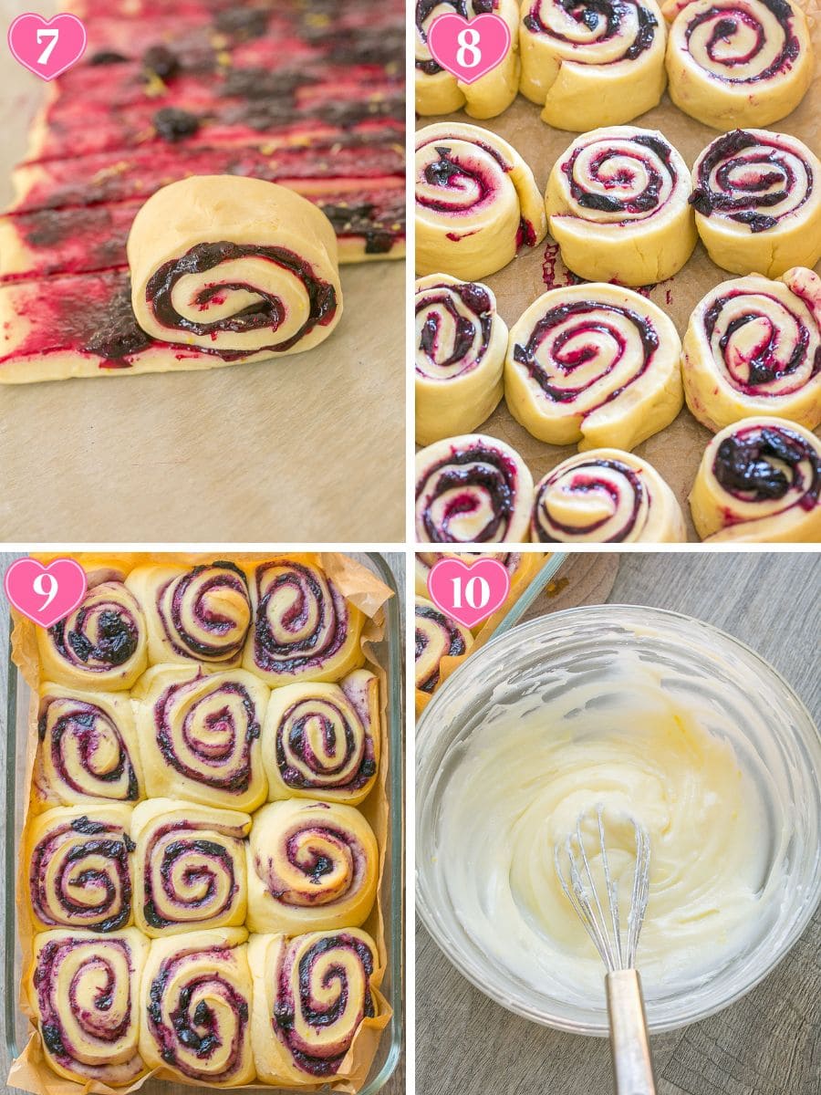 Process shots of blueberry lemon sweet rolls, step by step.
