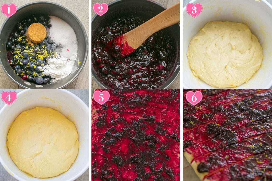 Process shots of how to make blueberry lemon jam filling for sweet rolls.