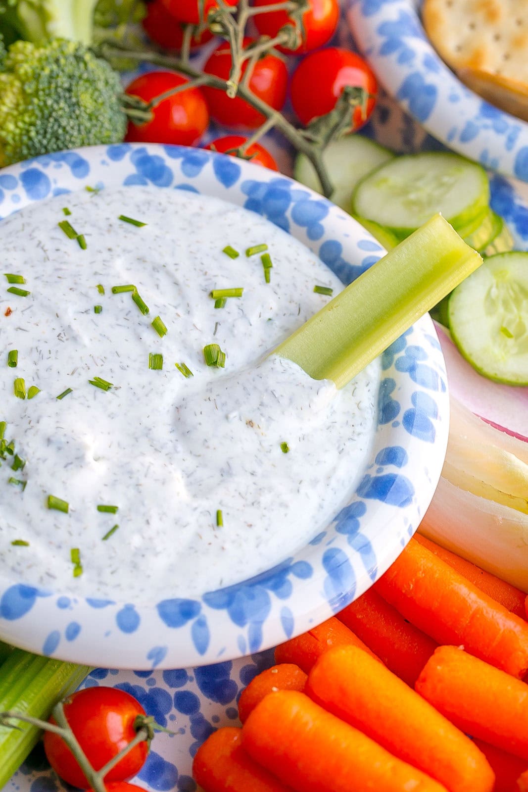 Celery stick in a bowl of Greek yogurt ranch dip.