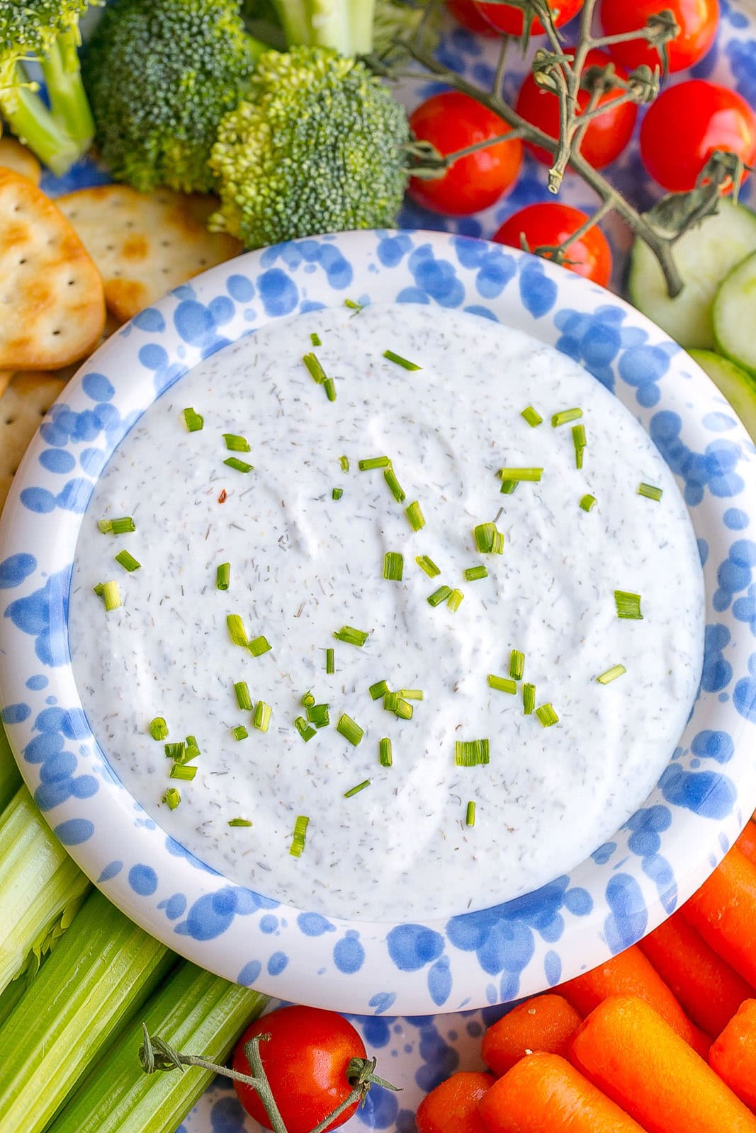 Close up of Healthy Ranch Dip with veggies.
