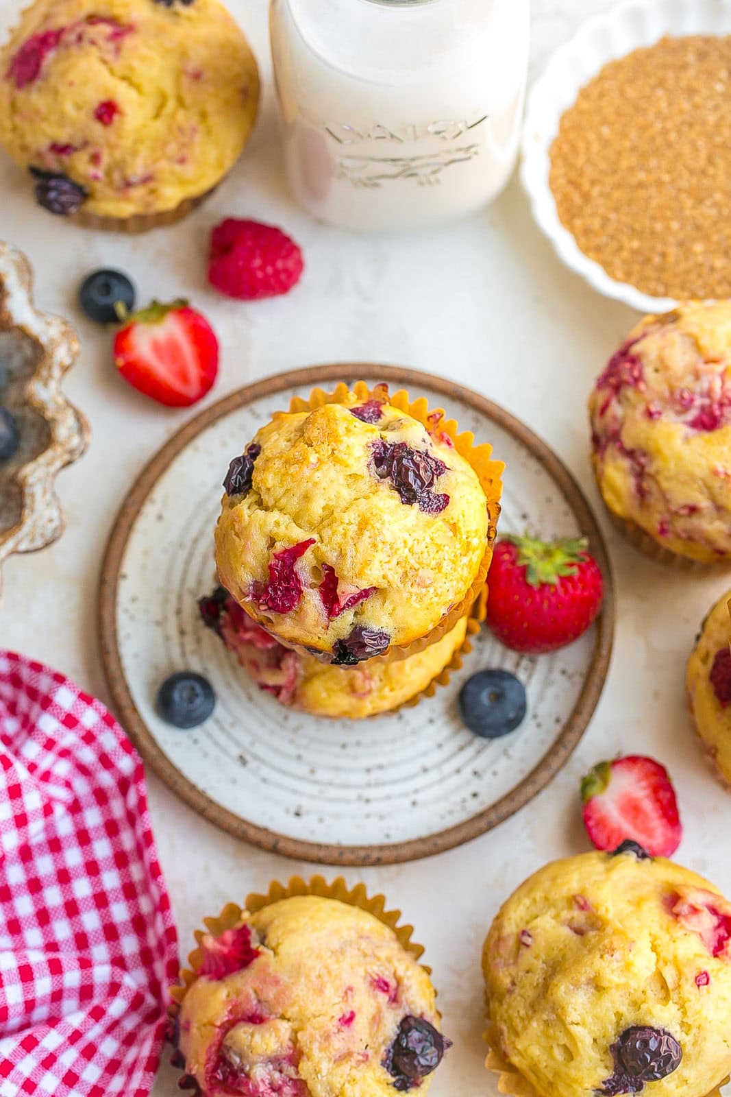 A stack of Triple Berry Muffins.